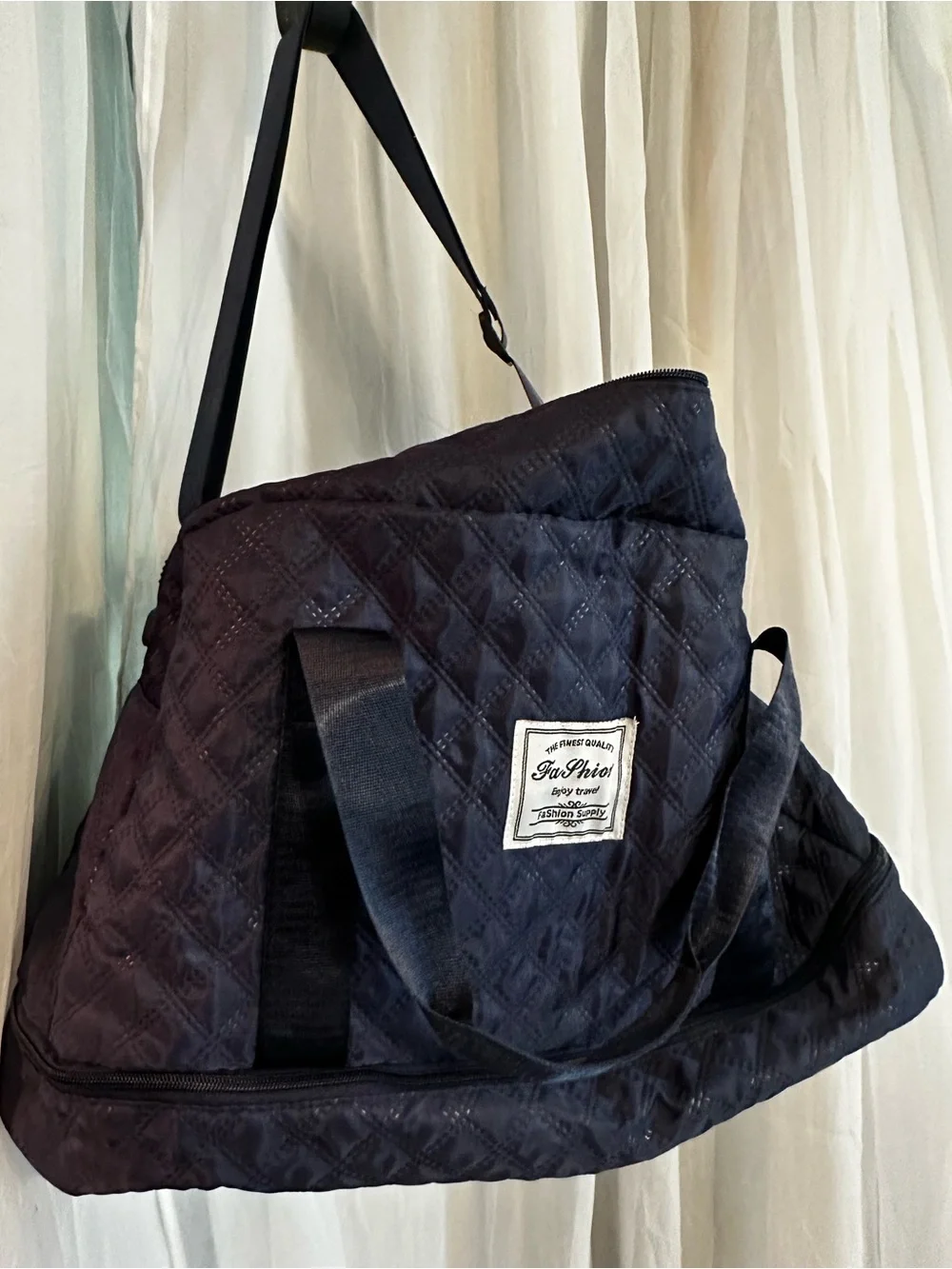 Quilted Navy Fashion Travel Duffel Bag - with multiple zippered compartments New